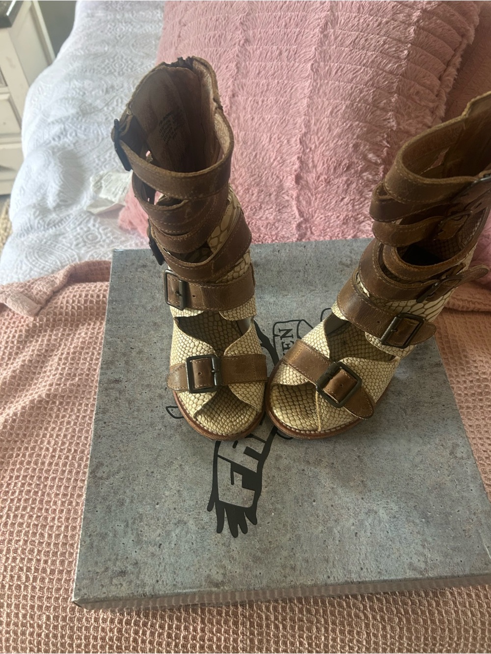 Freebird by Steven Brown and Tan Strappy Buckle Heels